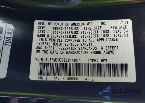 2014 Honda Cr-V Lx z USA, uszkodzony, nr VIN 5J6RM3H37EL014957